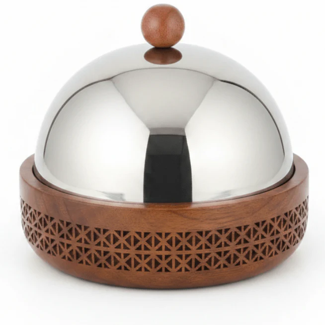 Luhpar Brown Wooden Bowl with Stainless Steel Dome Lid | 27×27 cm
