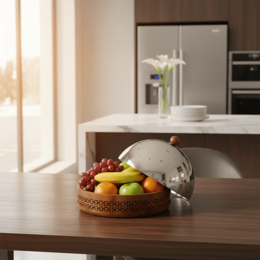Luhpar Brown Wooden Bowl with Stainless Steel Dome Lid | 27×27 cm - Image 2