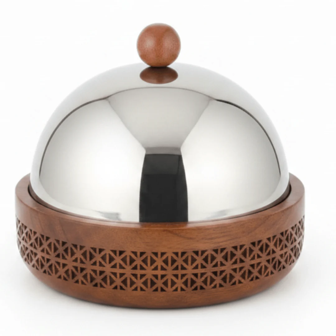 Luhpar Brown Wooden Bowl with Stainless Steel Dome Lid - 20×22cm