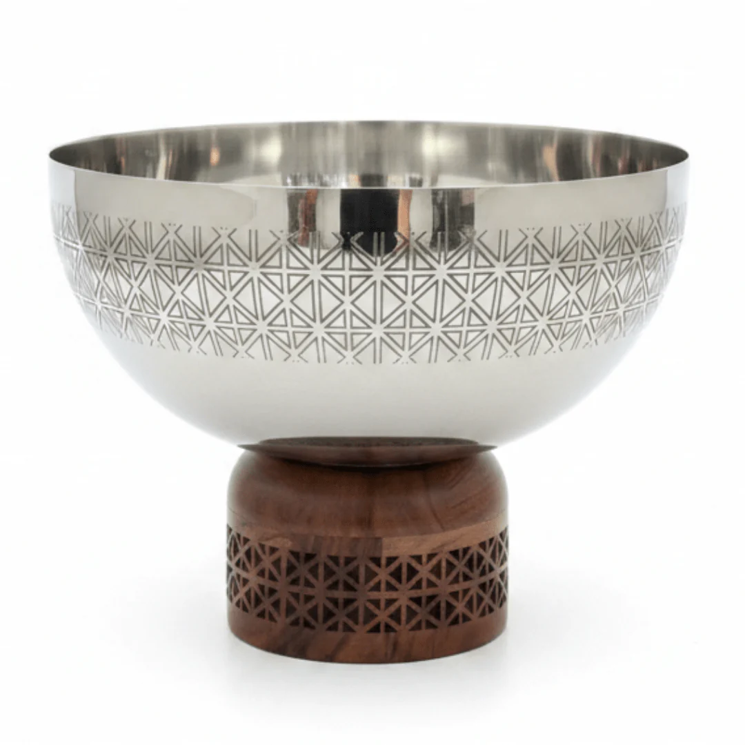 Luhpar Brown Wooden Footed Silver Stainless Steel Serving Bowl - 16×20 cm
