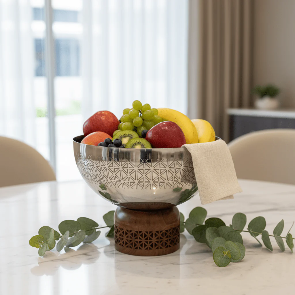 Luhpar Brown Wooden Footed Silver Stainless Steel Serving Bowl - 16×20 cm - Image 2