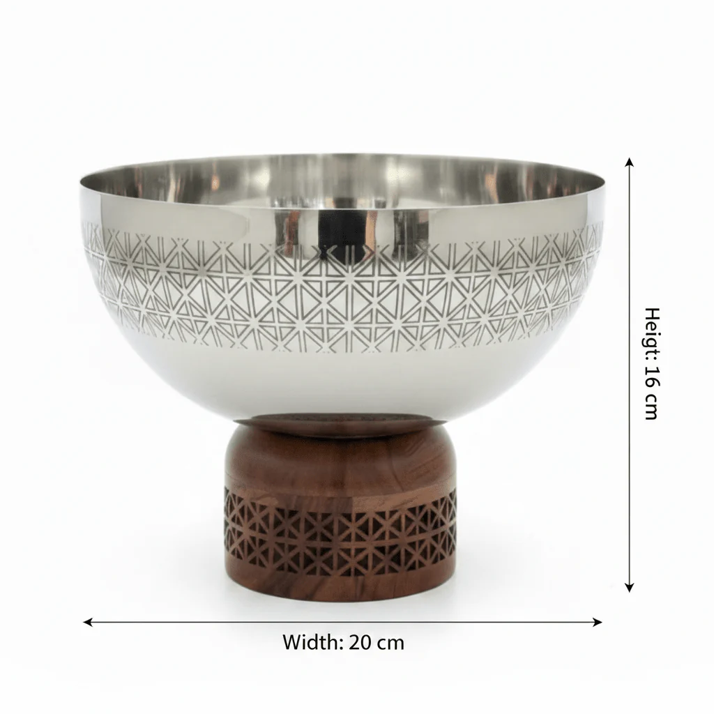 Luhpar Brown Wooden Footed Silver Stainless Steel Serving Bowl - 16×20 cm - Image 4