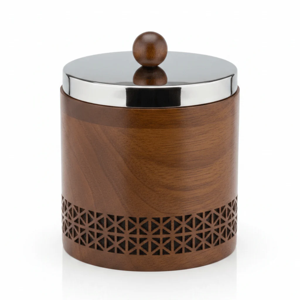 Luhpar Brown Wooden Jar with Silver Stainless Steel Lid — 13×13cm