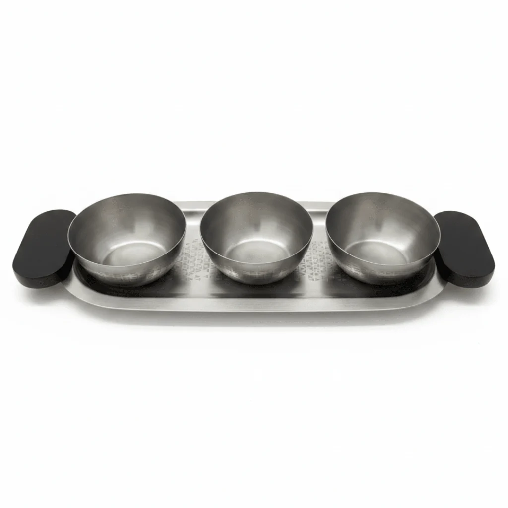 Luhpar Brushed Silver Stainless Steel Serving Tray with 3 Bowls & Black Wooden Handles - 35×15×10 cm