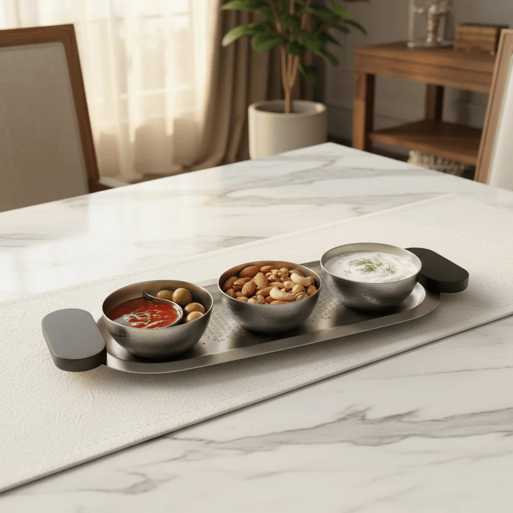 Luhpar Brushed Silver Stainless Steel Serving Tray with 3 Bowls & Black Wooden Handles - 35×15×10 cm - Image 2