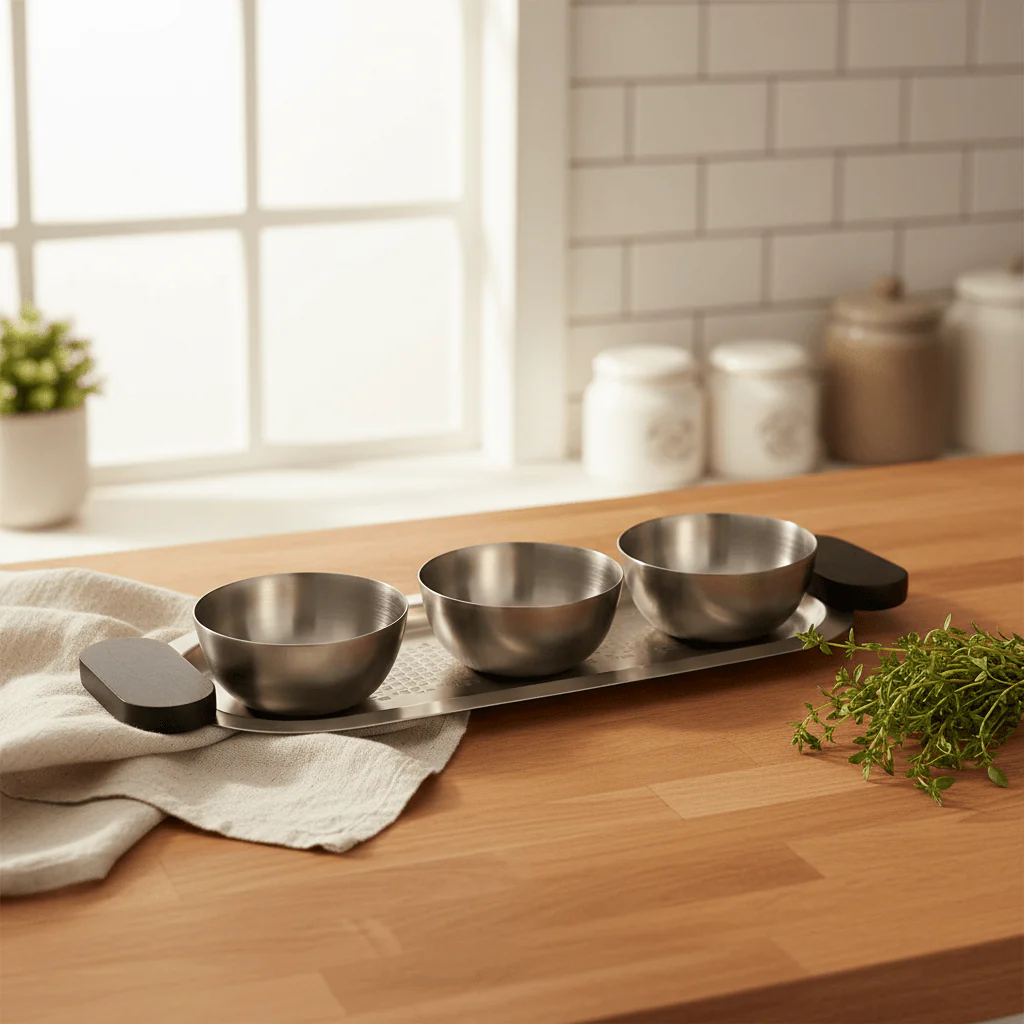 Luhpar Brushed Silver Stainless Steel Serving Tray with 3 Bowls & Black Wooden Handles - 35×15×10 cm - Image 3