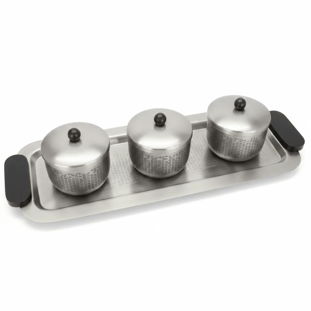 Luhpar Brushed Silver Stainless Steel Serving Tray with 3 Lidded Bowls & Black Wooden Handles | 55×20×10 cm