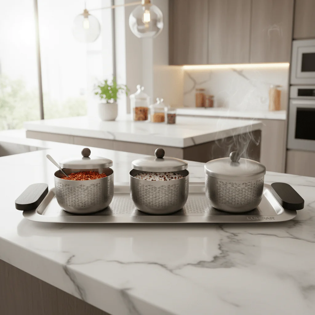 Luhpar Brushed Silver Stainless Steel Serving Tray with 3 Lidded Bowls & Black Wooden Handles | 55×20×10 cm - Image 2
