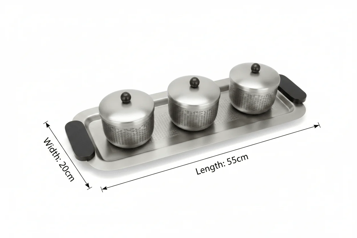 Luhpar Brushed Silver Stainless Steel Serving Tray with 3 Lidded Bowls & Black Wooden Handles | 55×20×10 cm - Image 4