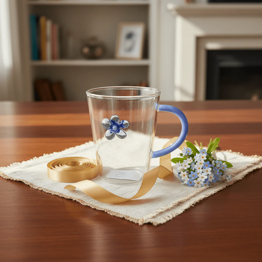 Luhpar Decorative Blue Flower Design Clear Glass Mug with Handle for Gift Purpose 300ml - Image 2