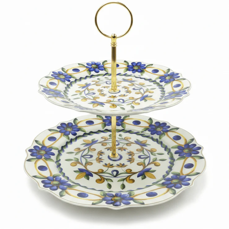 Luhpar Elegant Two-Tier White Ceramic Cake Stand with Blue Floral Pattern – 8 + 11 Inch Display Stand