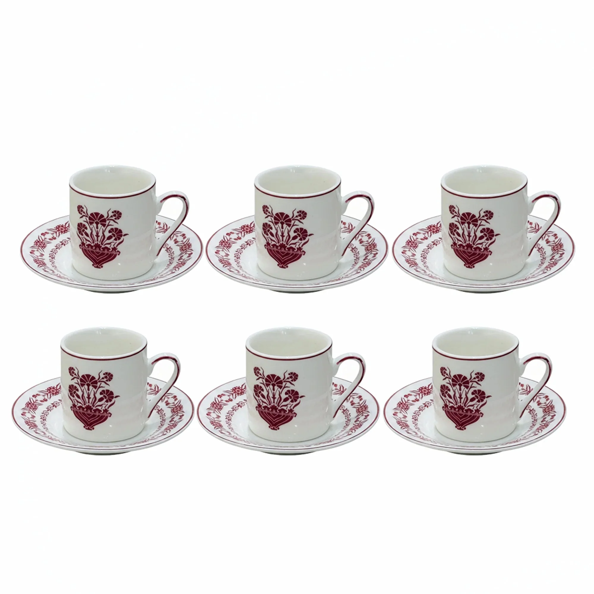 Luhpar EM-006 Coffee Cup & Saucer Set with Red Rim – 12-Piece Set – White with Red Floral Design