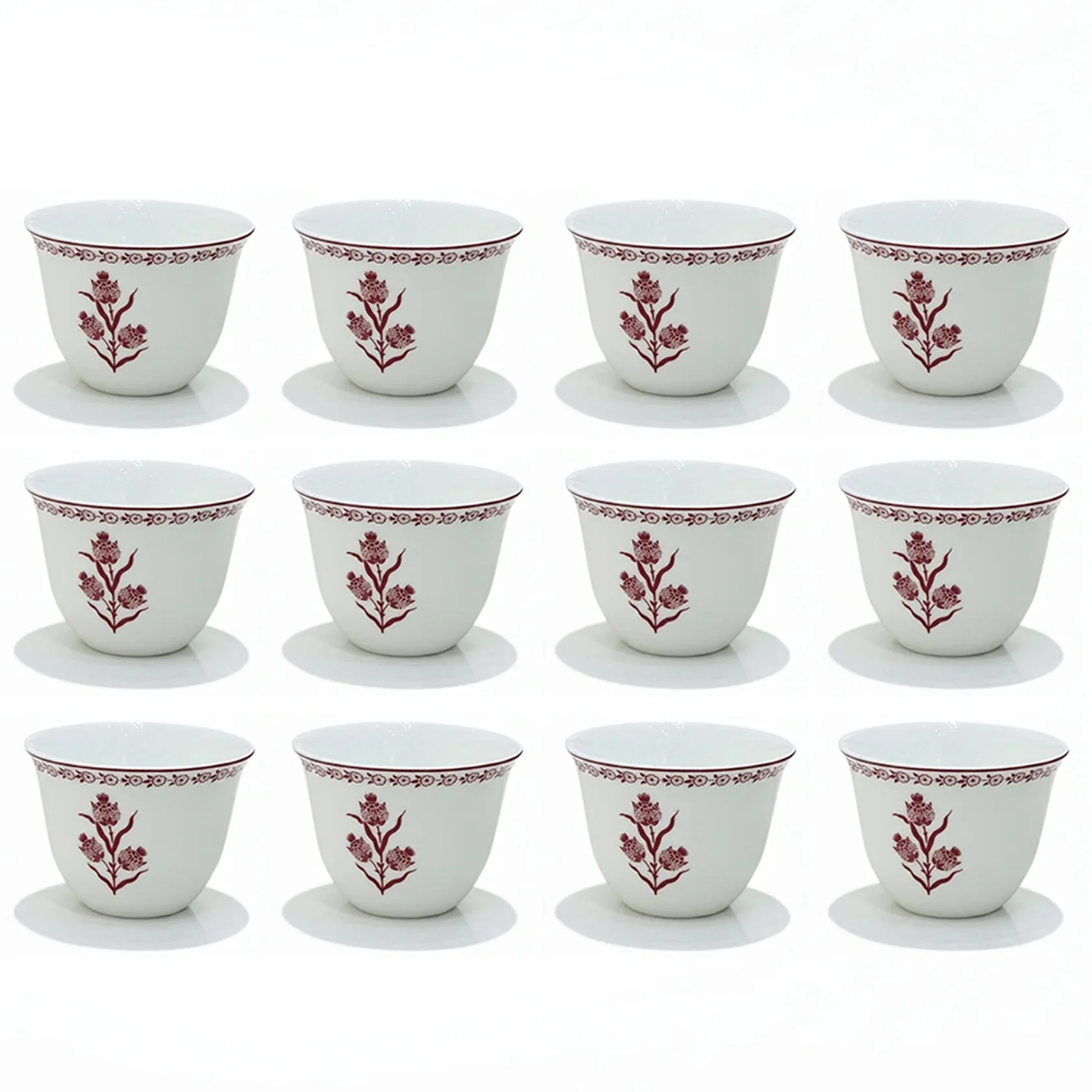 Luhpar EM-010 Cawa Cup Set with Red Rim – 12-Piece Set – White with Red Floral Design