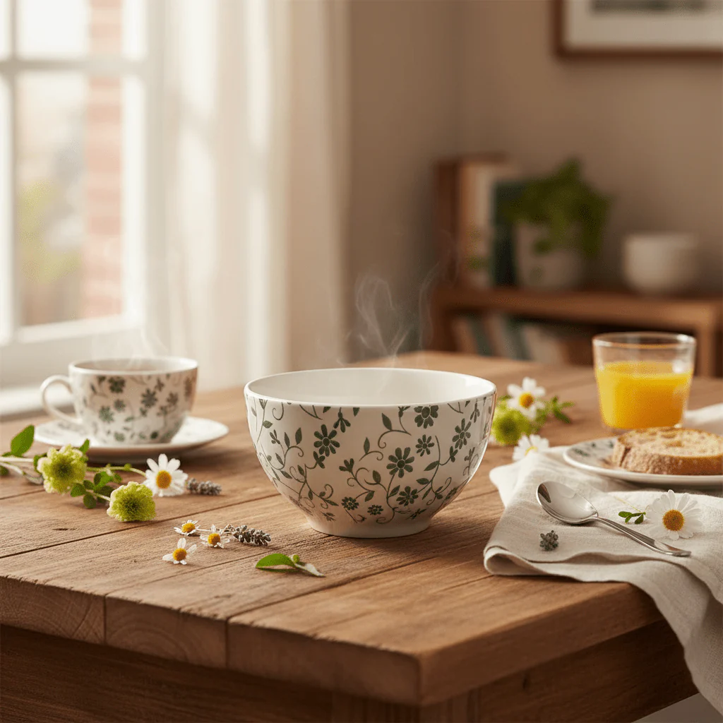 Luhpar Floral Classic Ceramic Bowl – 14.1 cm / 680 ml (White with Green Floral Design) - Image 2