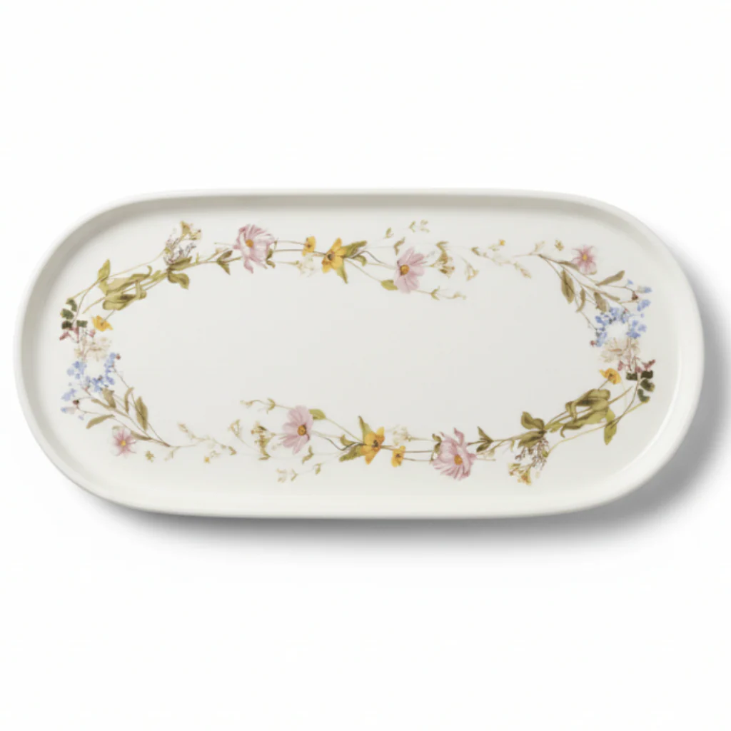 Luhpar Floral Oval Ceramic Serving Plate – 25 × 11.5 cm, White Decorative Dinnerware