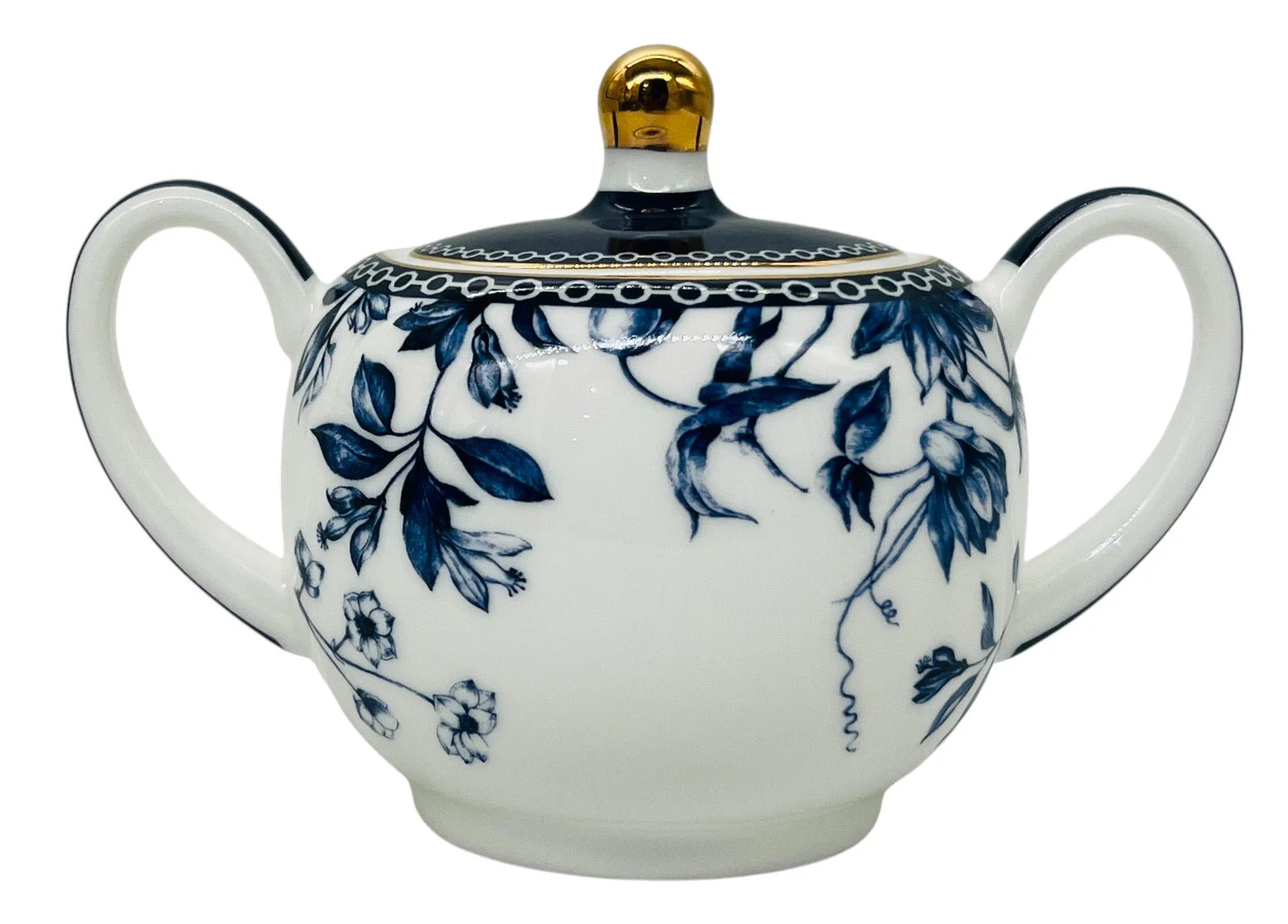 Luhpar Porcelain Sugar Pot with Lid 9cm*10cm, Blue Floral Design with Gold Rim