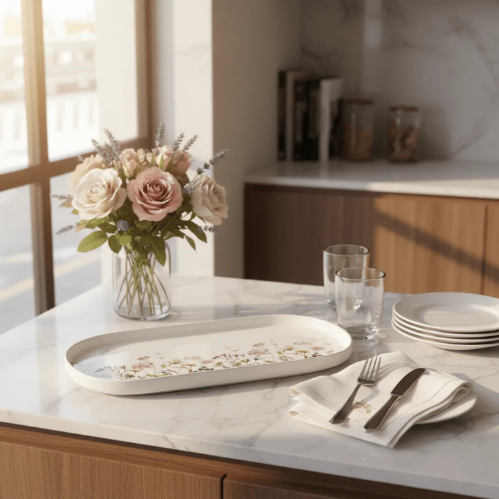 Luhpar Premium Floral Oval Ceramic Serving Plate – 33 cm, Elegant White Tableware with Flower Design - Image 2
