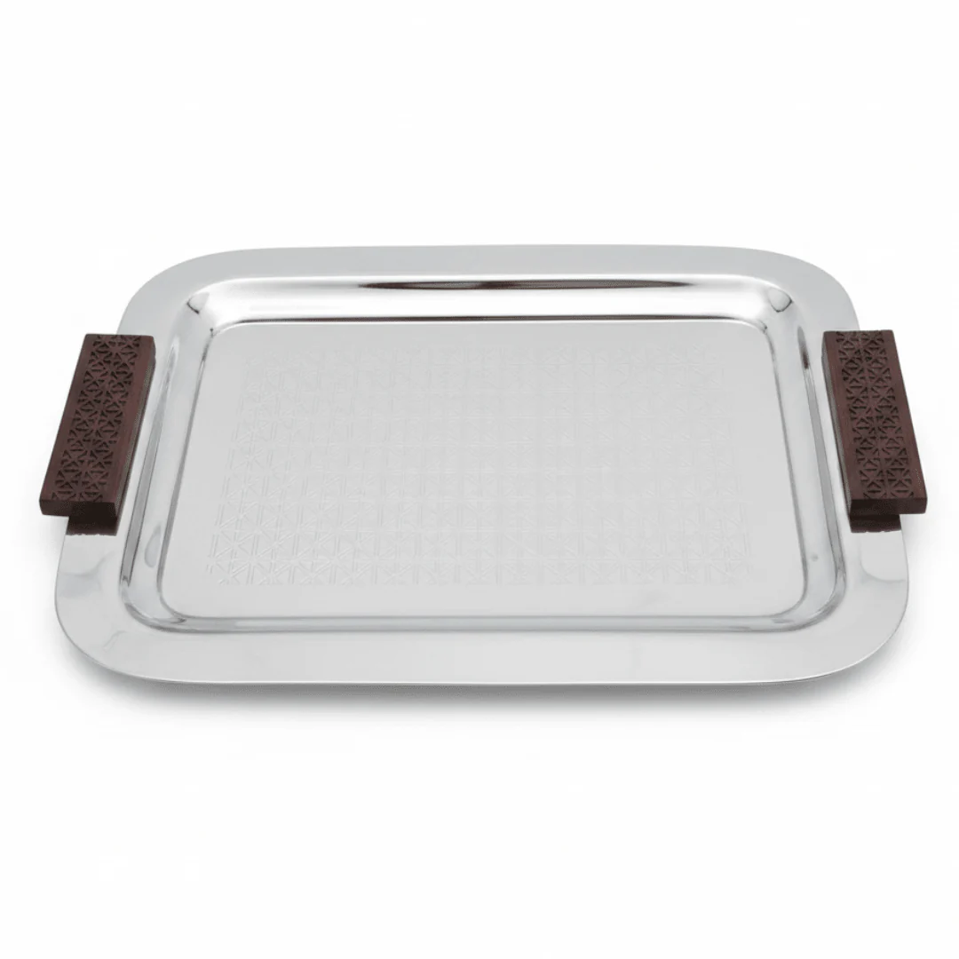 Luhpar Rectangle Stainless Steel Serving Tray with Wooden Handles - 43×33cm