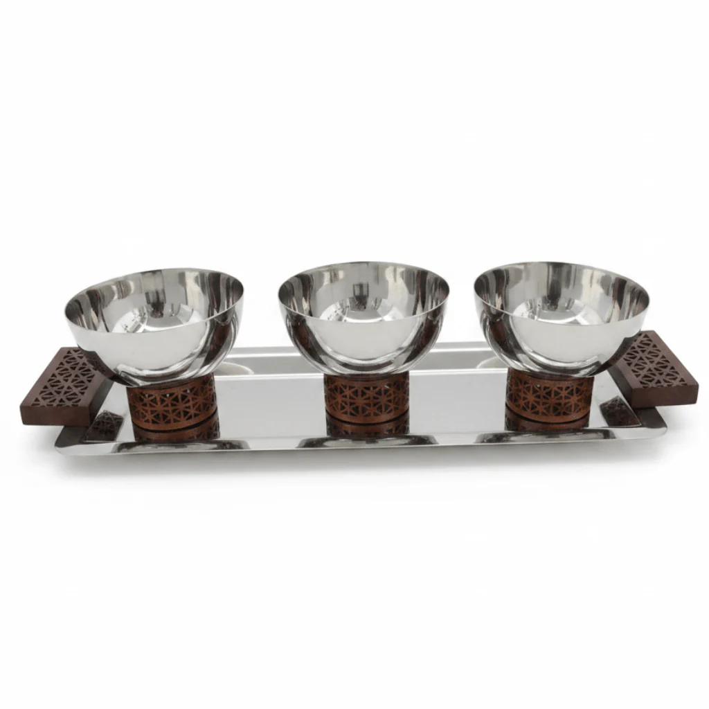 Luhpar Silver Rectangle Stainless Steel Serving Tray with 3 Wooden Footed Bowls - 33×13 cm