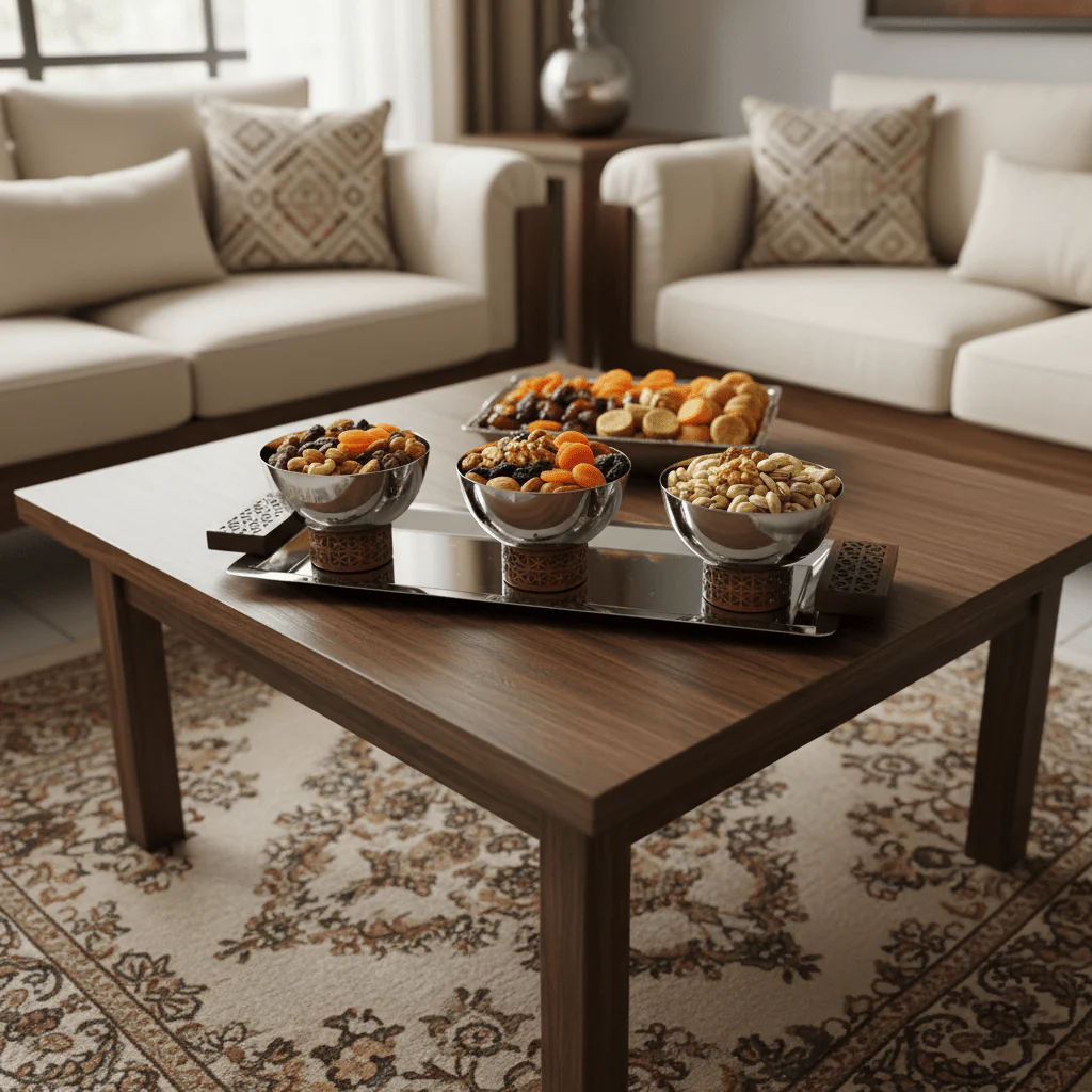 Luhpar Silver Rectangle Stainless Steel Serving Tray with 3 Wooden Footed Bowls - 33×13 cm - Image 3