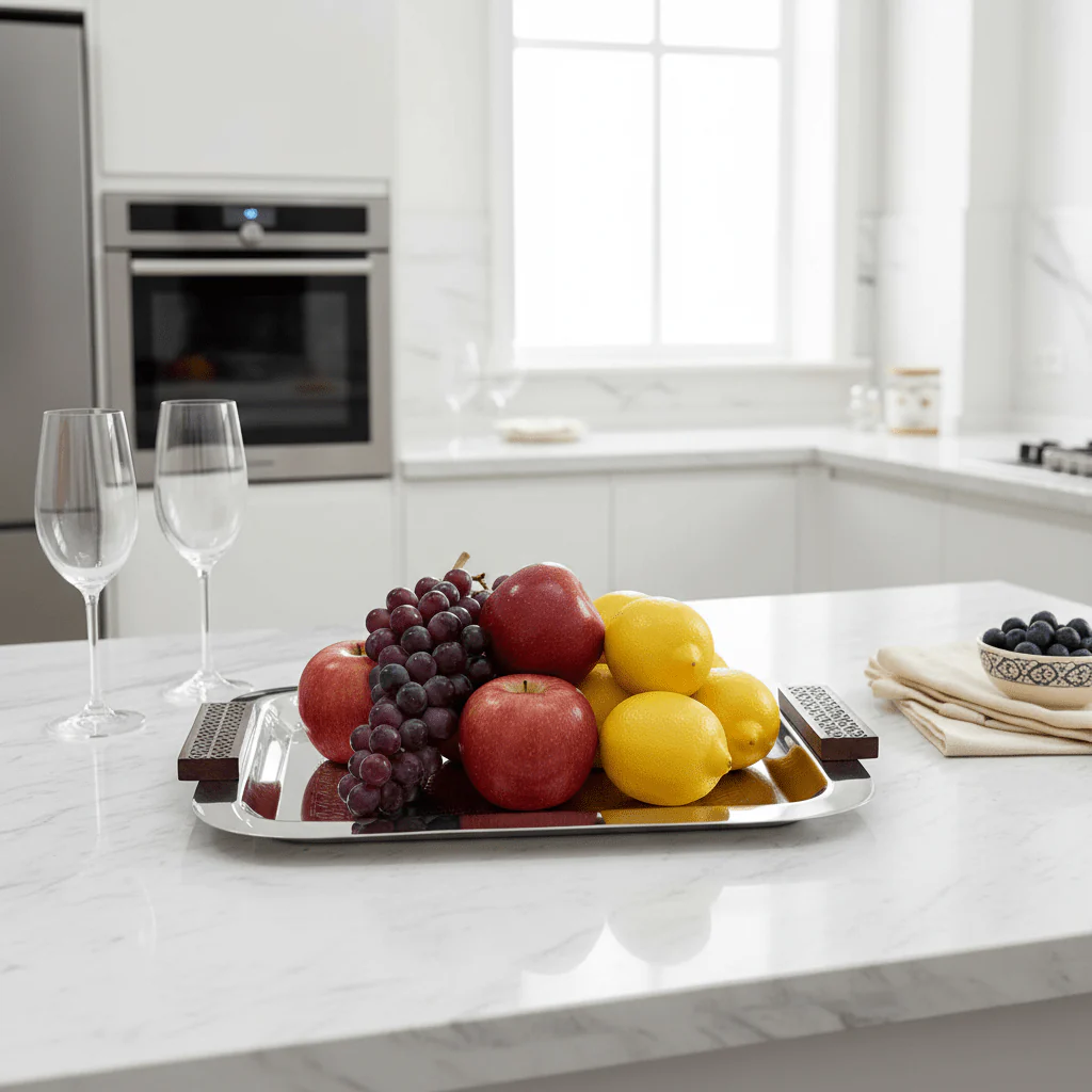 Luhpar Rectangle Stainless Steel Serving Tray with Wooden Handles - 43×33cm - Image 3