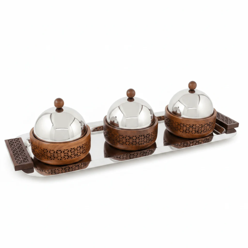 Luhpar 3-Bowl Serving Set on Rectangular Stainless Steel Tray - 56×22×13 cm