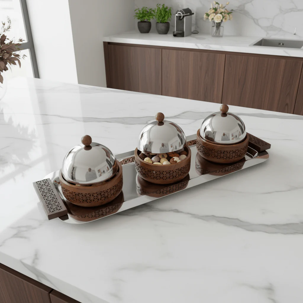 Luhpar 3-Bowl Serving Set on Rectangular Stainless Steel Tray - 56×22×13 cm - Image 2