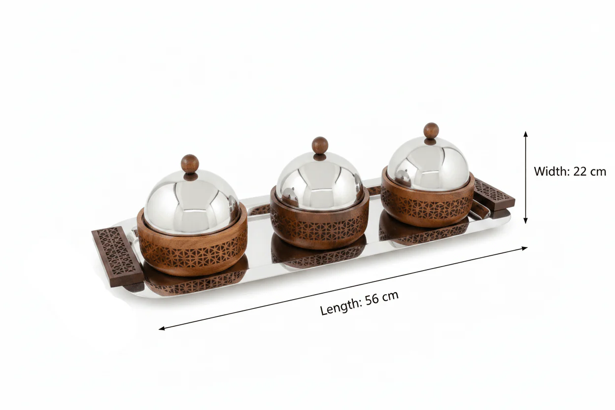 Luhpar 3-Bowl Serving Set on Rectangular Stainless Steel Tray - 56×22×13 cm - Image 4