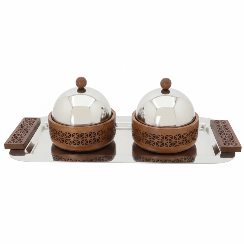 Luhpar Rectangular Stainless Steel Serving Tray with 2 Wooden Bowls & Dome Lids - 44×22×13 cm