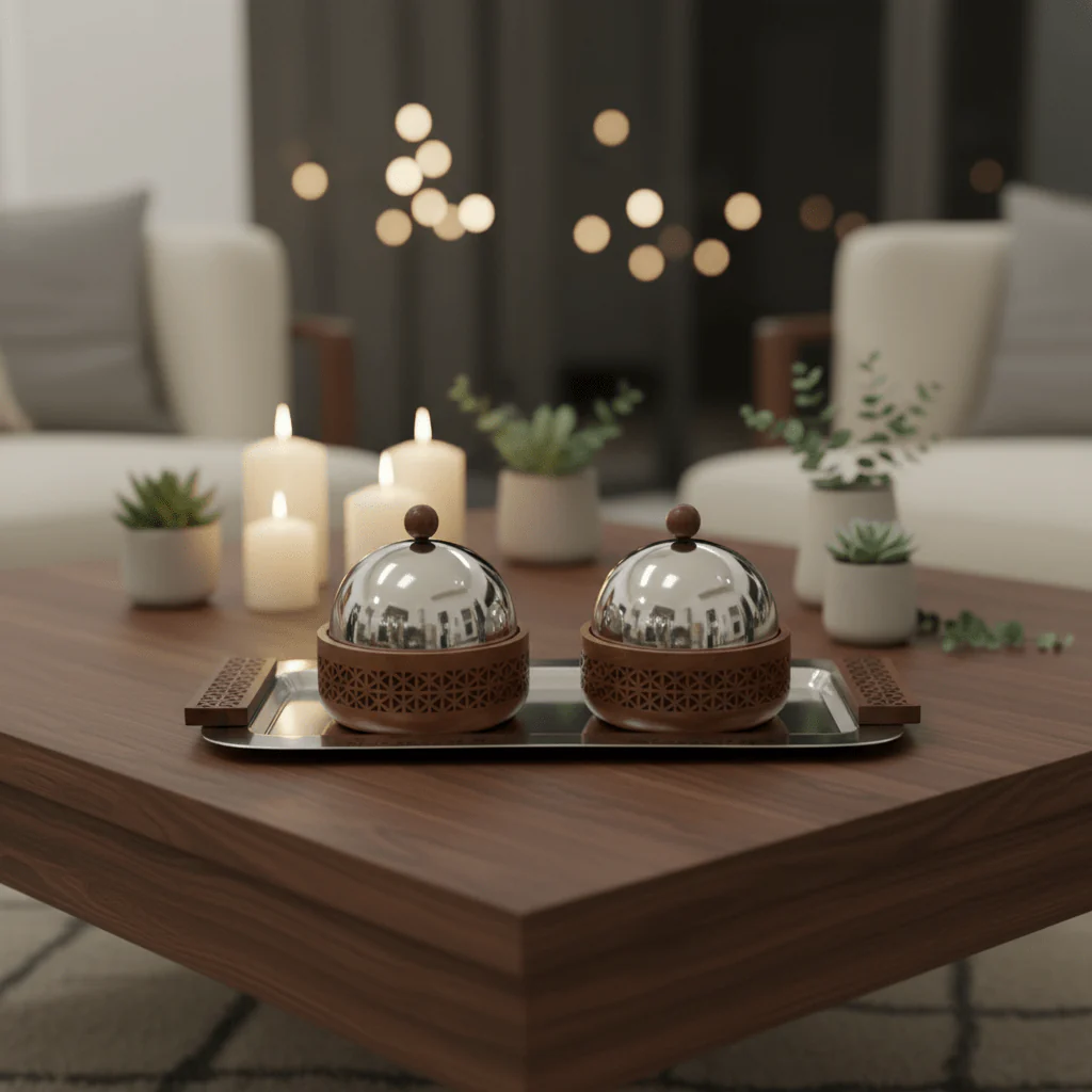 Luhpar Rectangular Stainless Steel Serving Tray with 2 Wooden Bowls & Dome Lids - 44×22×13 cm - Image 3
