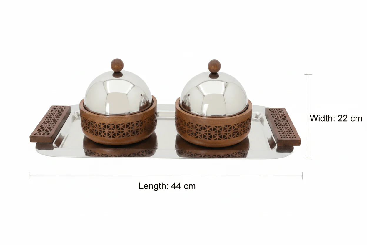 Luhpar Rectangular Stainless Steel Serving Tray with 2 Wooden Bowls & Dome Lids - 44×22×13 cm - Image 4