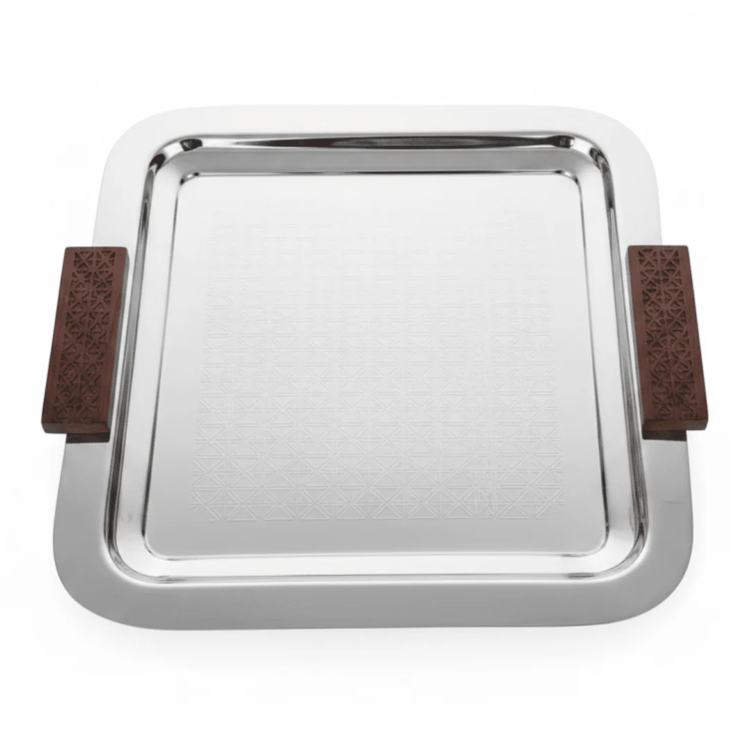 Luhpar Silver Square Stainless Steel Serving Tray with Wooden Handles - 37×37cm