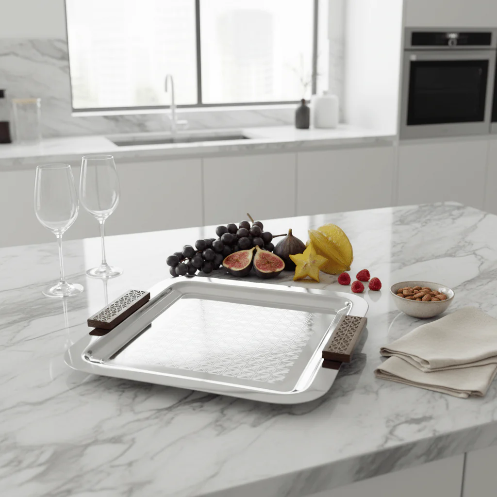 Luhpar Silver Square Stainless Steel Serving Tray with Wooden Handles - 37×37cm - Image 2