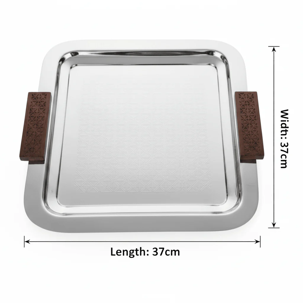 Luhpar Silver Square Stainless Steel Serving Tray with Wooden Handles - 37×37cm - Image 5