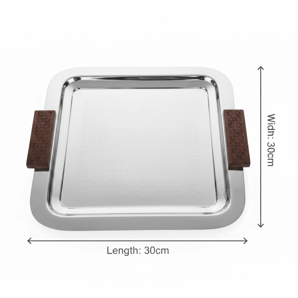 Luhpar Silver Square Stainless Steel Serving Tray with Wooden Handles – 30×30cm - Image 5