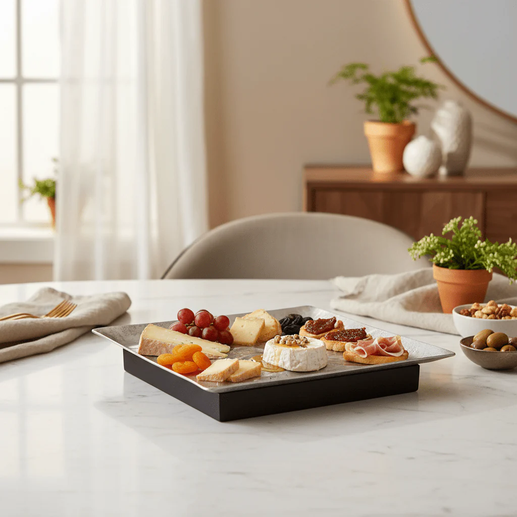 Luhpar Wave Textured Aluminum Rectangular Serving Platter with Wooden Base - 30×20×6 cm - 74896-A - Image 2