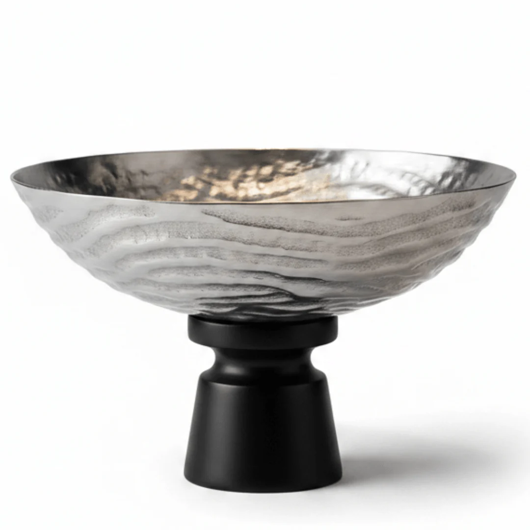 Luhpar Wave Textured Aluminium Round Bowl with Black Wooden Base - 20×26 cm - 74901-B