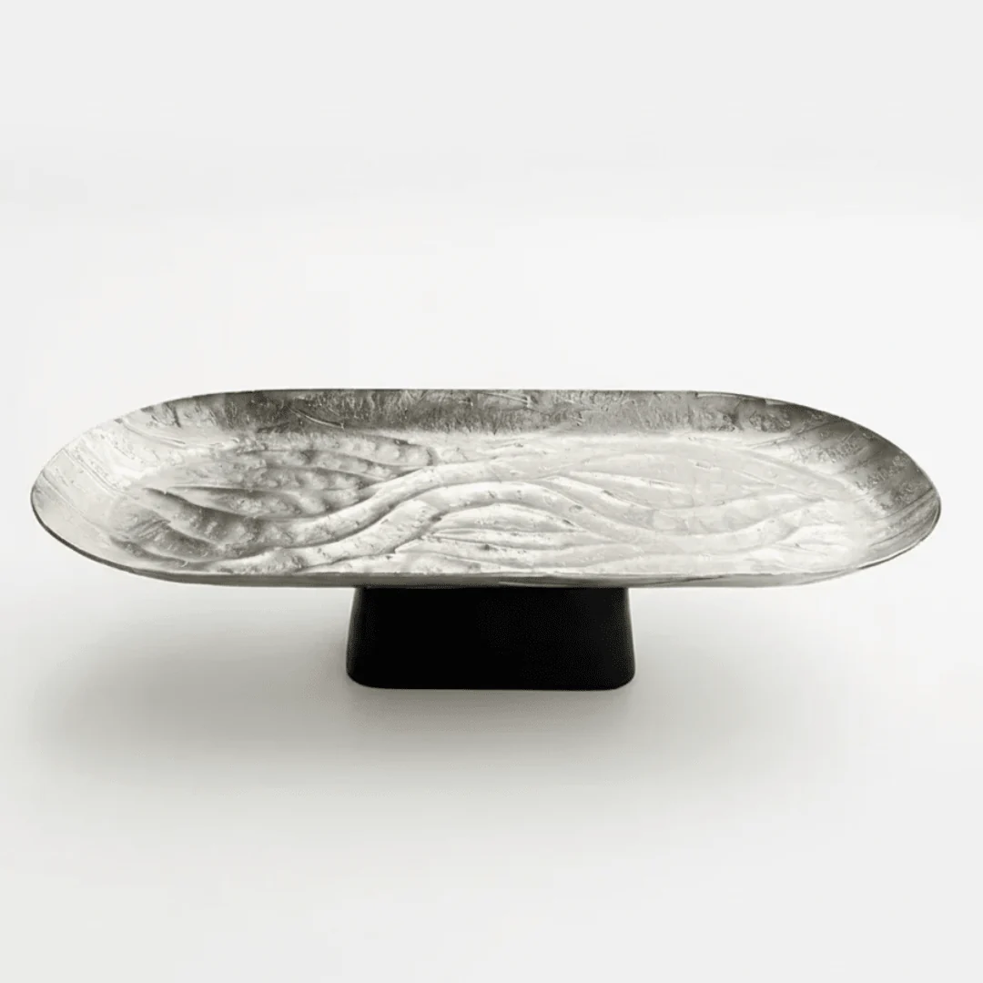 Luhpar Wave Textured Aluminium Oval Pedestal Dish with Black Wooden Base - 50×18×13cm - 74894-B