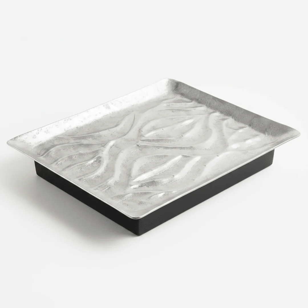 Luhpar Wave Textured Aluminum Rectangular Serving Platter with Wooden Base - 36×26×6 cm - 74896-B