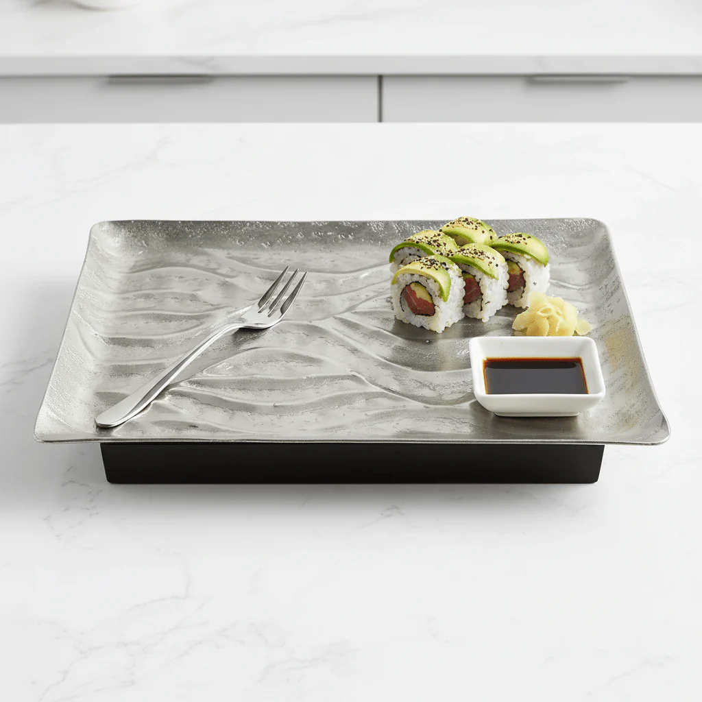 Luhpar Wave Textured Aluminum Rectangular Serving Platter with Wooden Base - 36×26×6 cm - 74896-B - Image 2