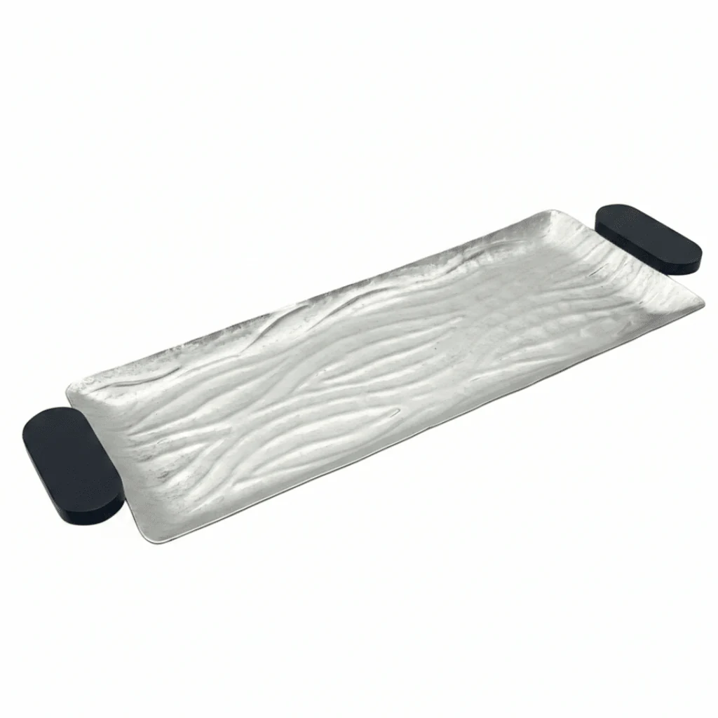 Luhpar Wave Textured Aluminum Rectangular Tray with Black Wooden Handles - 50×20cm