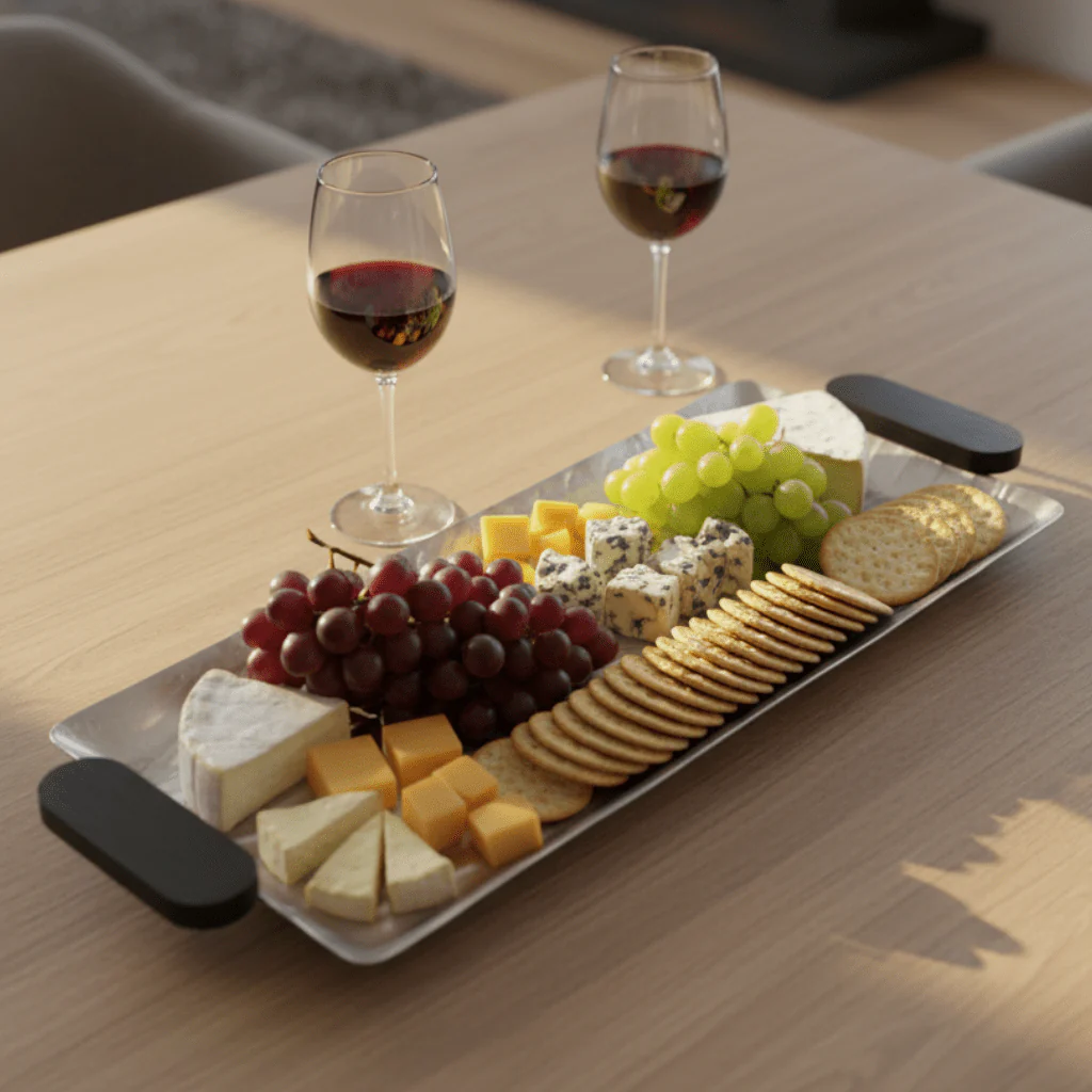 Luhpar Wave Textured Aluminum Rectangular Tray with Black Wooden Handles - 50×20cm - Image 2