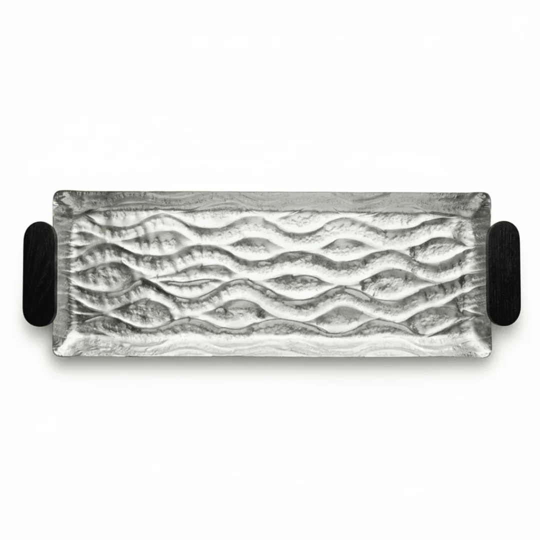 Luhpar Wave Textured Aluminum Rectangular Tray with Black Wooden Handles - 60×20cm - 74897-C
