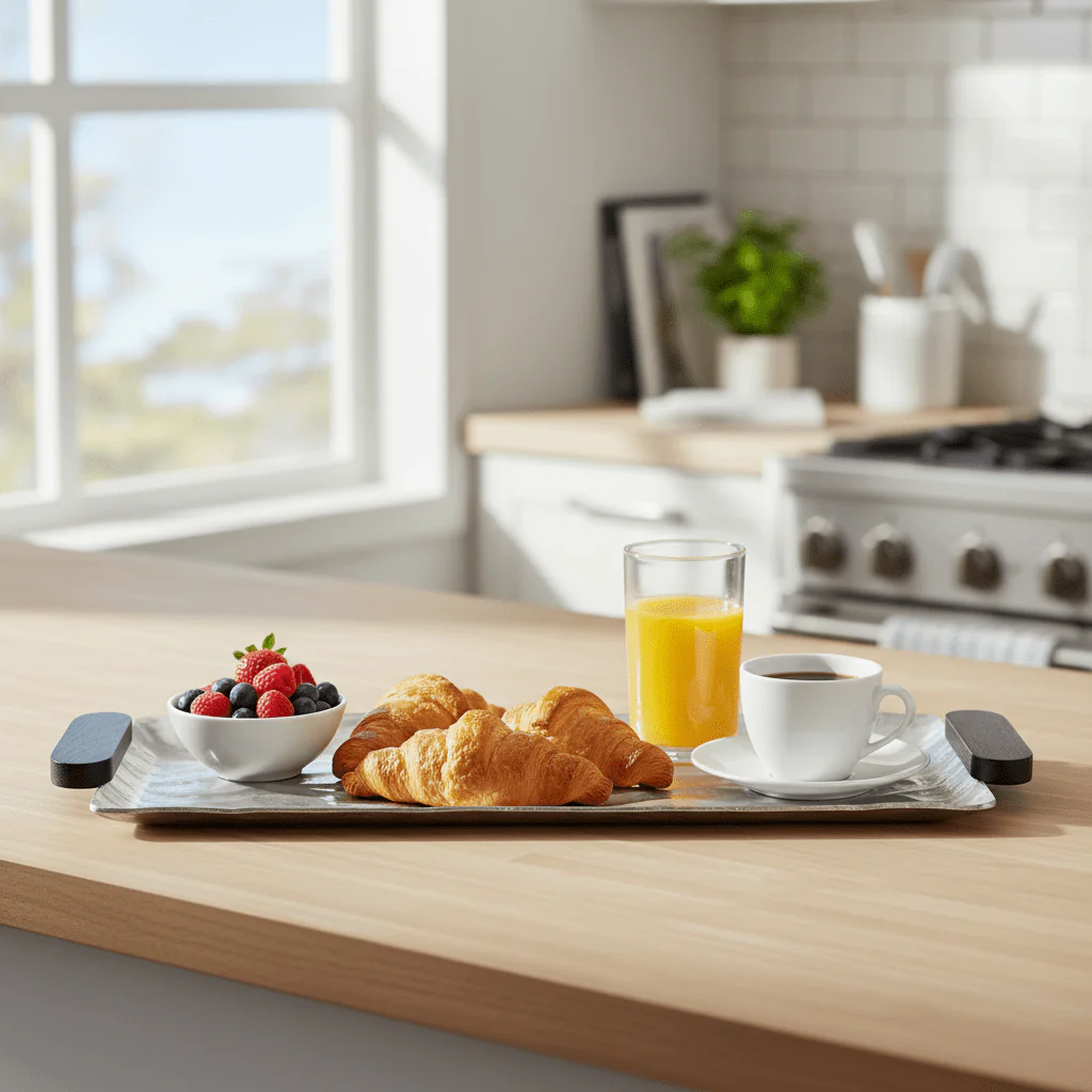 Luhpar Wave Textured Aluminum Rectangular Tray with Black Wooden Handles - 60×20cm - 74897-C - Image 3