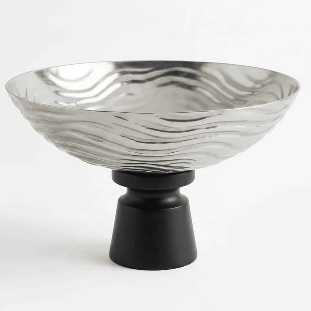 Luhpar Wave Textured Aluminium Round Bowl with Black Wooden Base - 20×33 cm - 74901-C