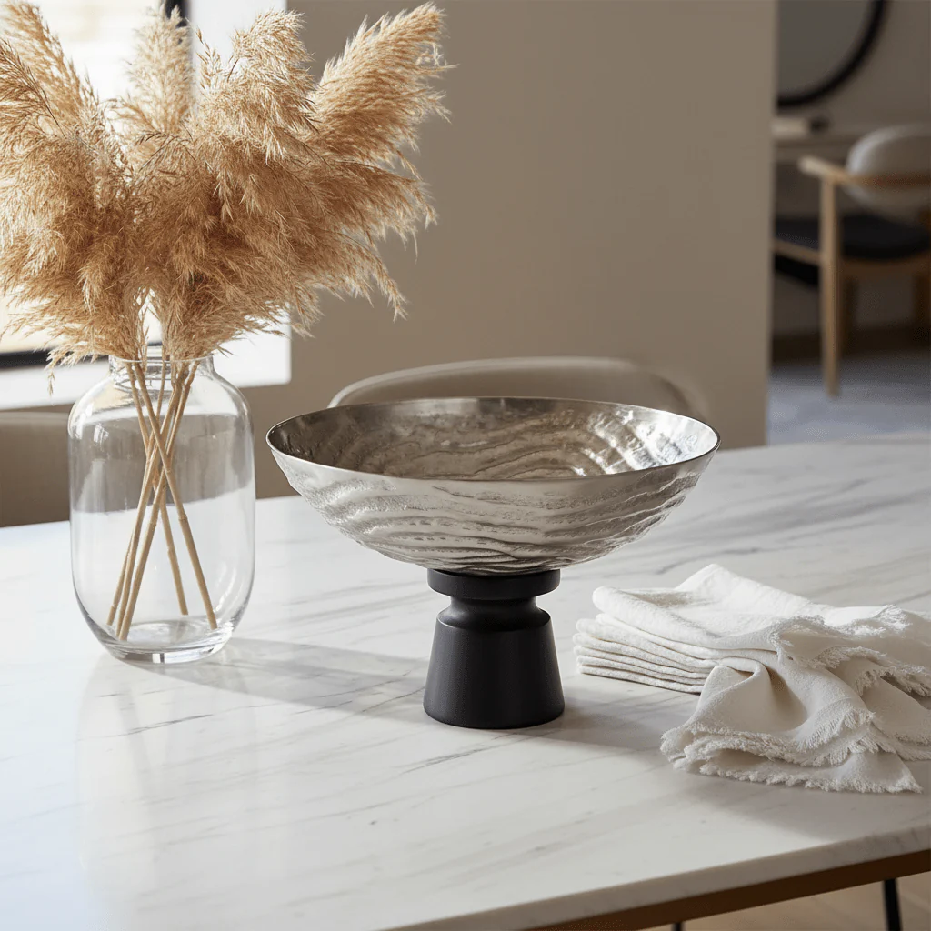 Luhpar Wave Textured Aluminium Round Bowl with Black Wooden Base - 20×33 cm - 74901-C - Image 3