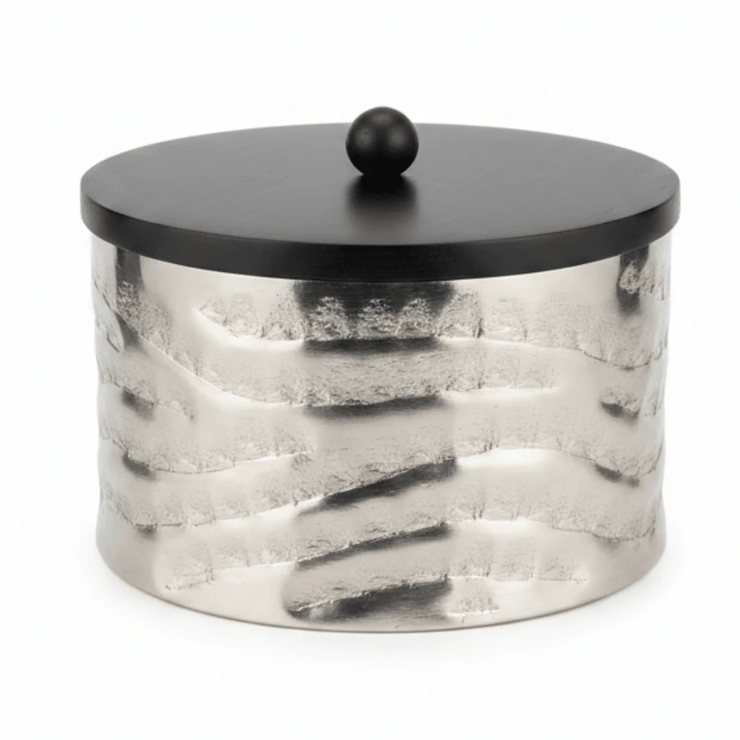 Luhpar Wave Textured Aluminum Round Storage Box with Black Wooden Lid - 10×17cm