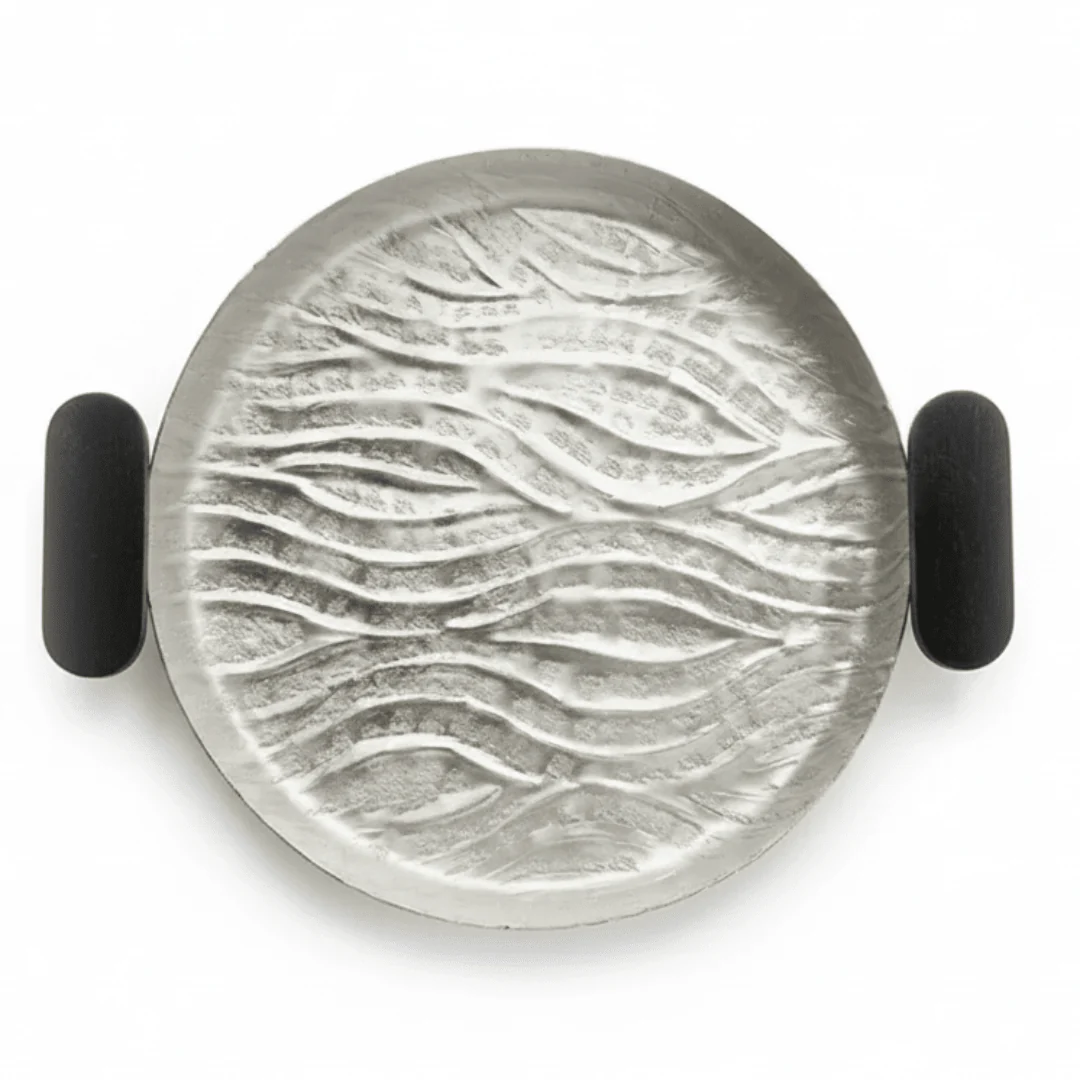 Luhpar Wave Textured Aluminum Round Tray with Black Wooden Handles - 25cm - 74895-A