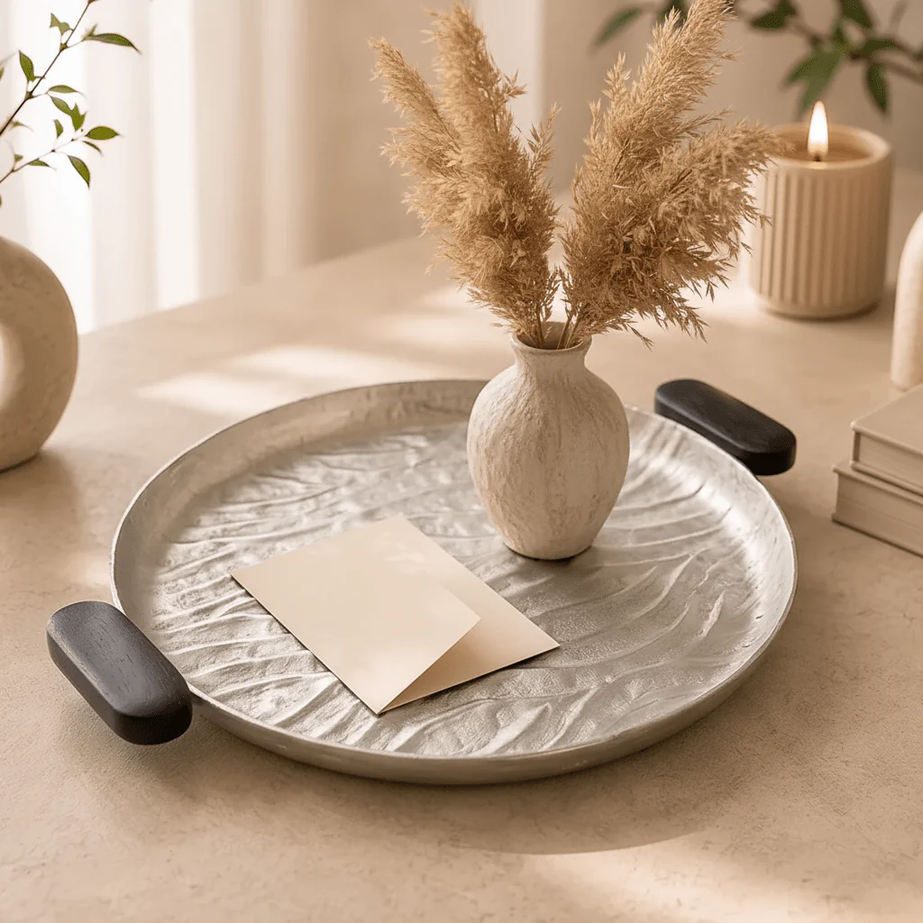 Luhpar Wave Textured Aluminium Round Tray with Black Wooden Handles - 30cm - 74895-B - Image 3