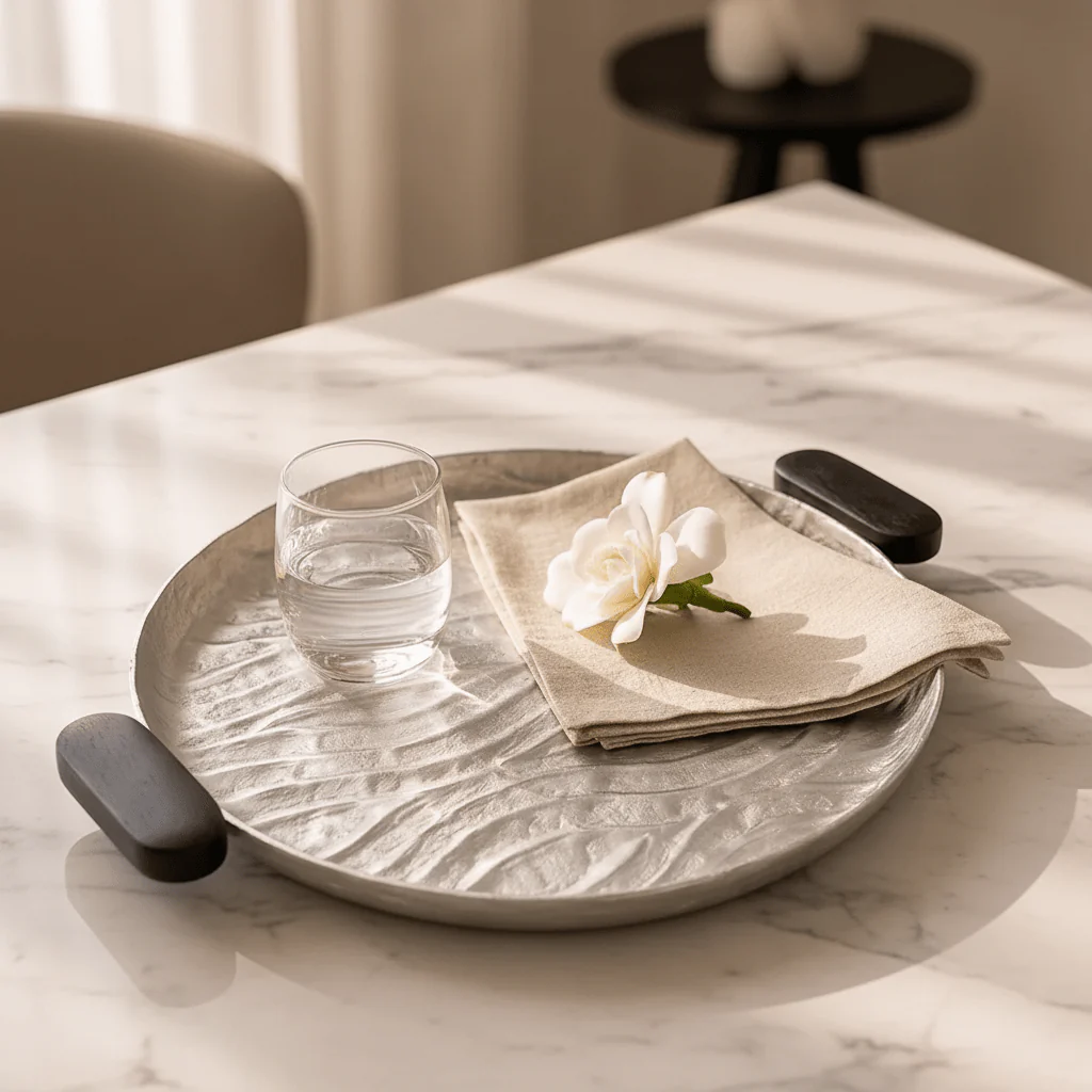 Luhpar Wave Textured Aluminium Round Tray with Black Wooden Handles - 30cm - 74895-B - Image 2